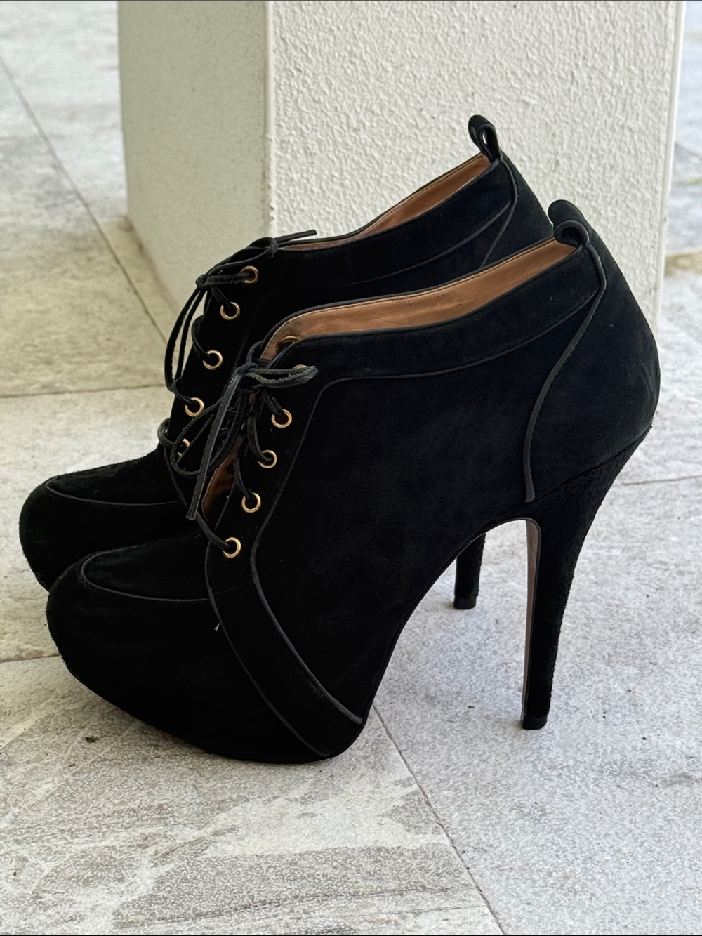 Luiza Barcelos Black Suede Lace-Up Hidden-Platform Stiletto Booties 9B